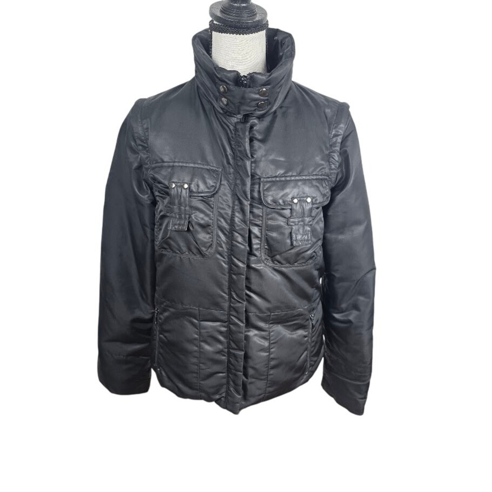 1 Madison Womens Black Puffer Jacket Medium Stand Collar Utility Zip Snap